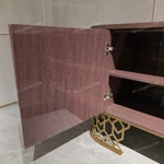 Rounded Two-Door Sideboard with Geometric Patterned Panels Dark Natural Wood Veneer Top and Gold-Tone Openwork Metal Base